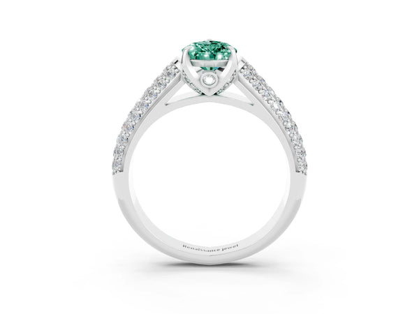 White gold Pear Cut Green Sapphire Solitaire Ring with Three-Row Pavé Band and Four-Prong Setting