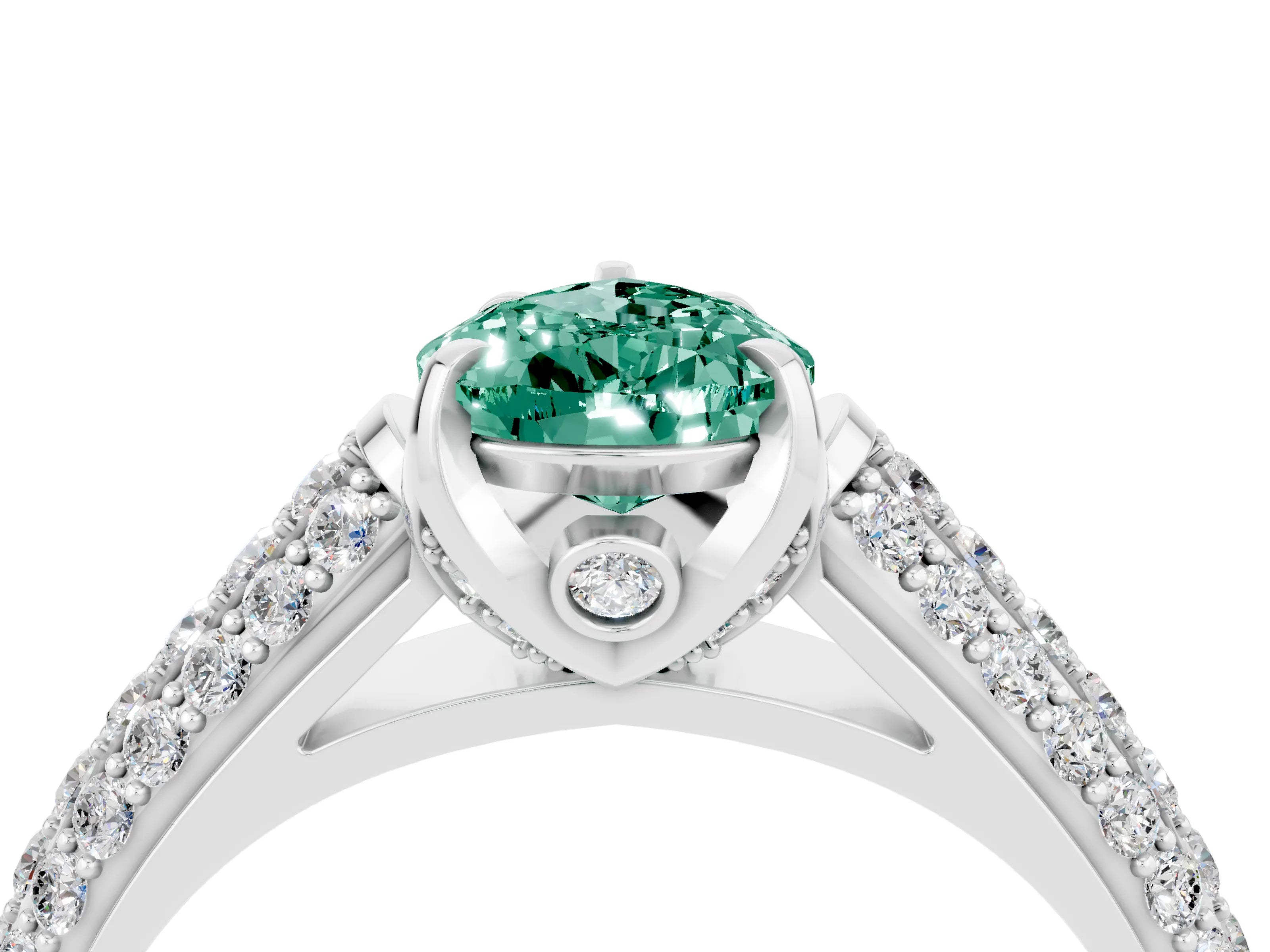 White gold Pear Cut Green Sapphire Solitaire Ring with Three-Row Pavé Band and Four-Prong Setting_16