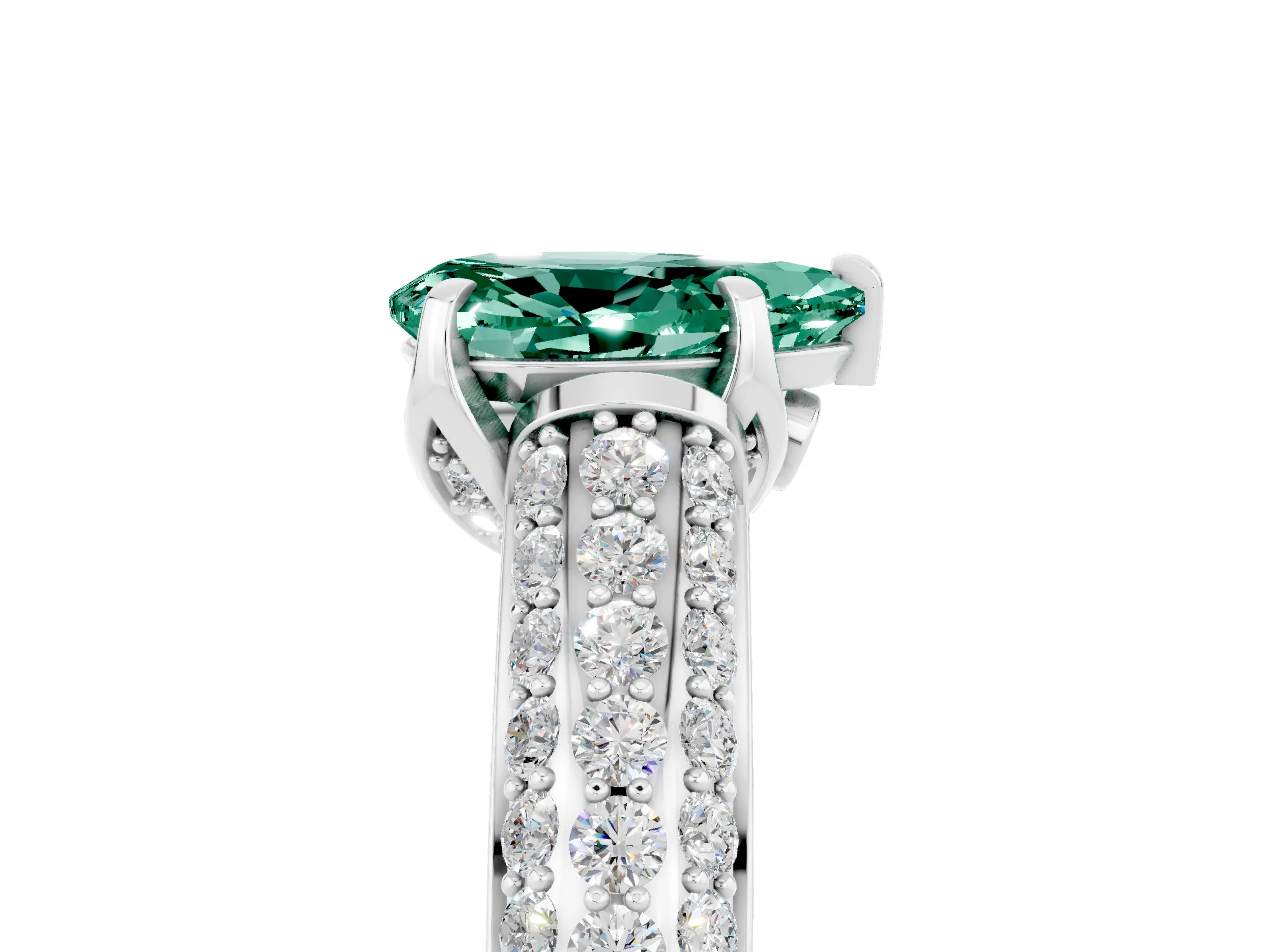 White gold Pear Cut Green Sapphire Solitaire Ring with Three-Row Pavé Band and Four-Prong Setting_17