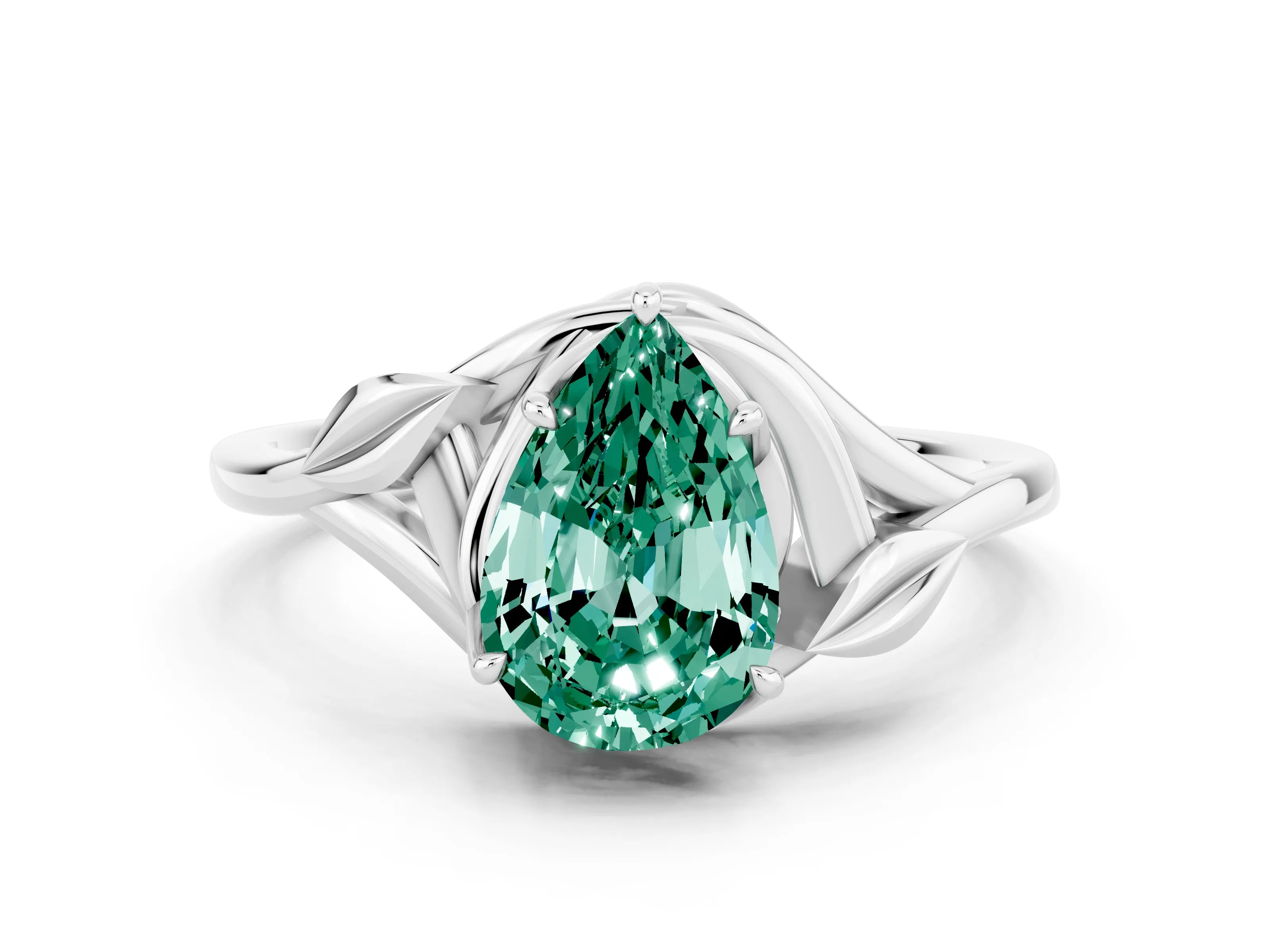 White gold Pear Cut Green Sapphire Solitaire Ring with Twist Band and Four-Prong Setting_12