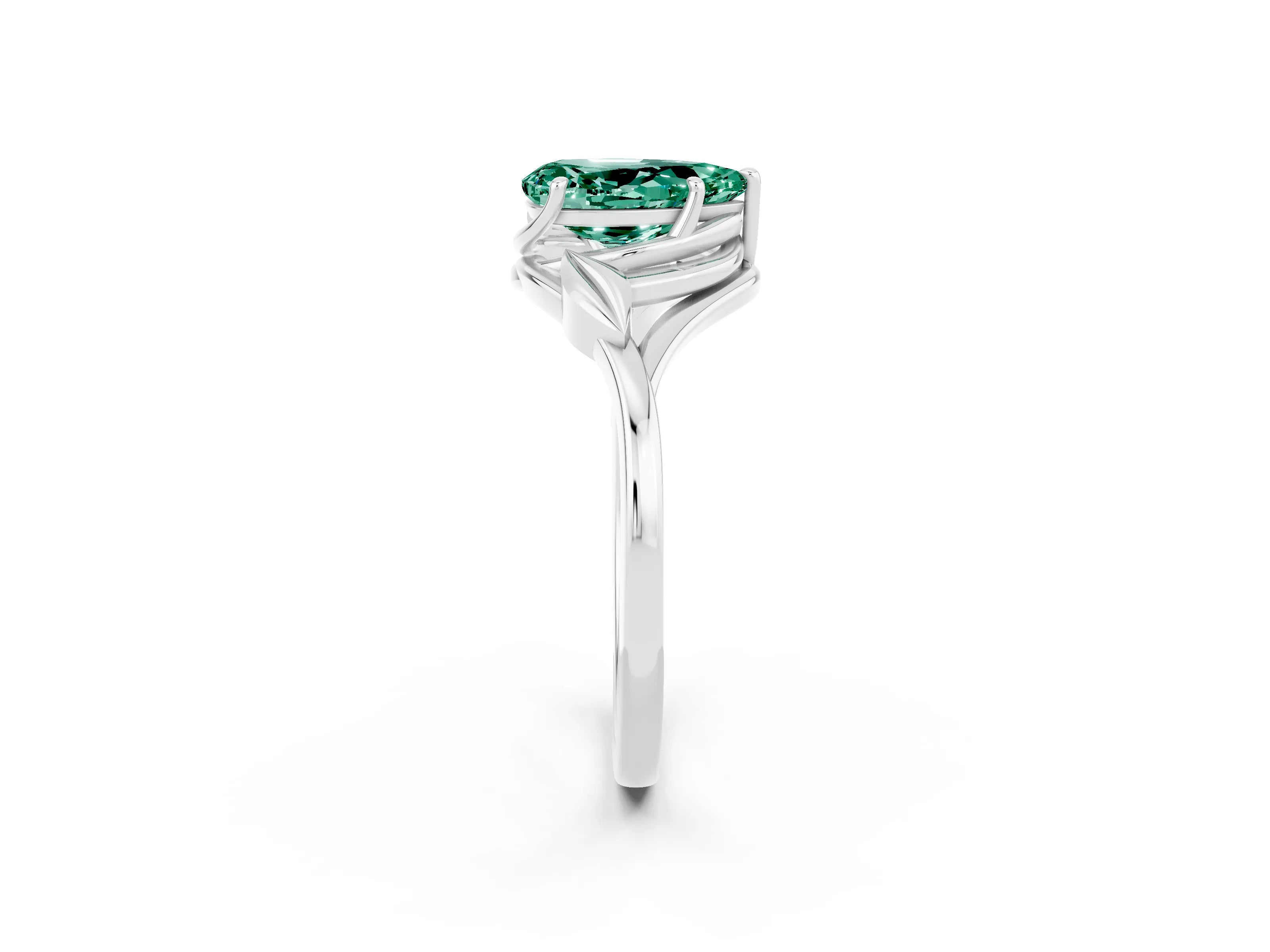 White gold Pear Cut Green Sapphire Solitaire Ring with Twist Band and Four-Prong Setting_14
