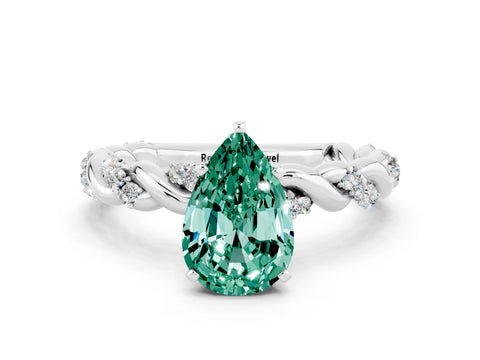 White gold Pear Cut Green Sapphire Solitaire Ring with Twisted Band and Pavé Accents