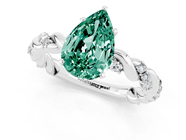 Platinum Pear Cut Green Sapphire Solitaire Ring with Twisted Band and Pavé Accents