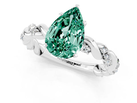 White gold Pear Cut Green Sapphire Solitaire Ring with Twisted Band and Pavé Accents_1