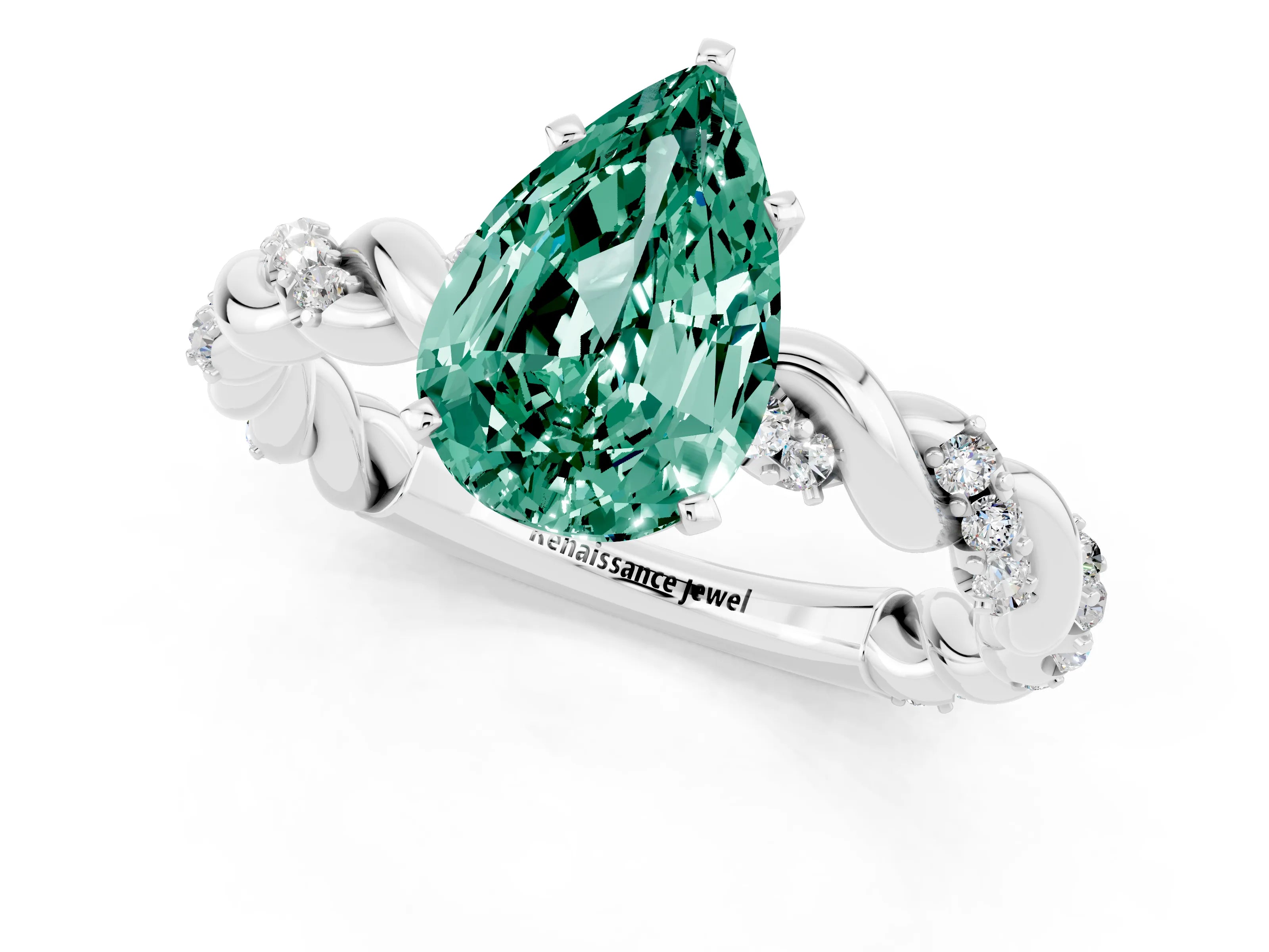 White gold Pear Cut Green Sapphire Solitaire Ring with Twisted Band and Pavé Accents_1