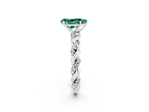 White gold Pear Cut Green Sapphire Solitaire Ring with Twisted Band and Pavé Accents_2