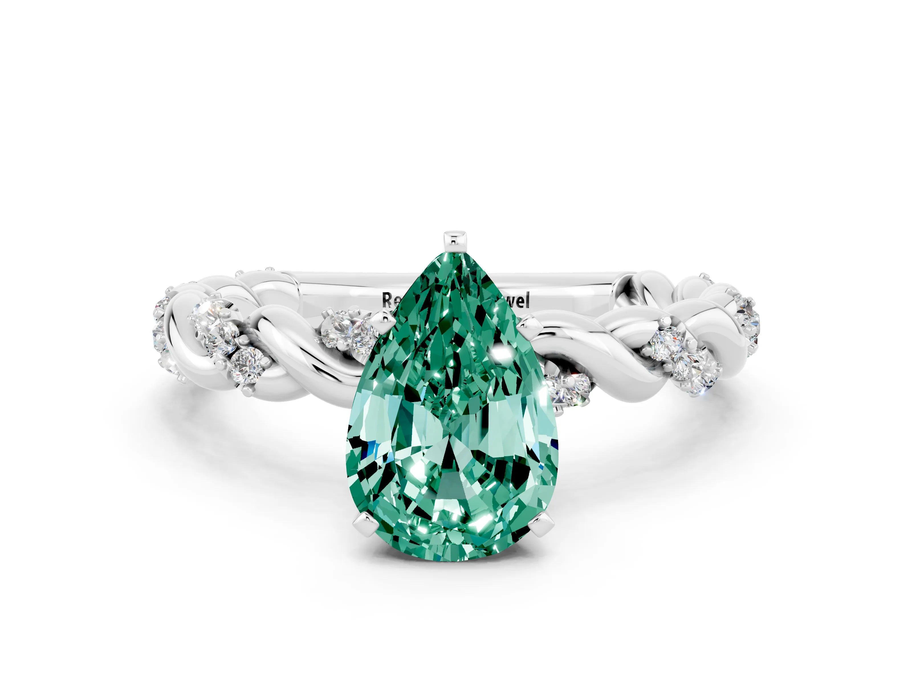 White gold Pear Cut Green Sapphire Solitaire Ring with Twisted Band and Pavé Accents