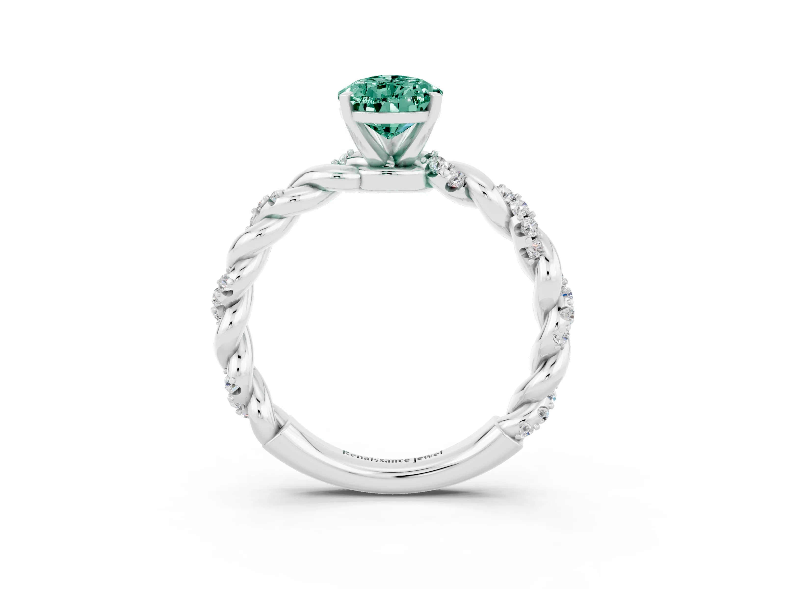 White gold Pear Cut Green Sapphire Solitaire Ring with Twisted Band and Pavé Accents_3
