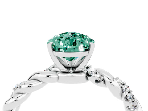 White gold Pear Cut Green Sapphire Solitaire Ring with Twisted Band and Pavé Accents_4