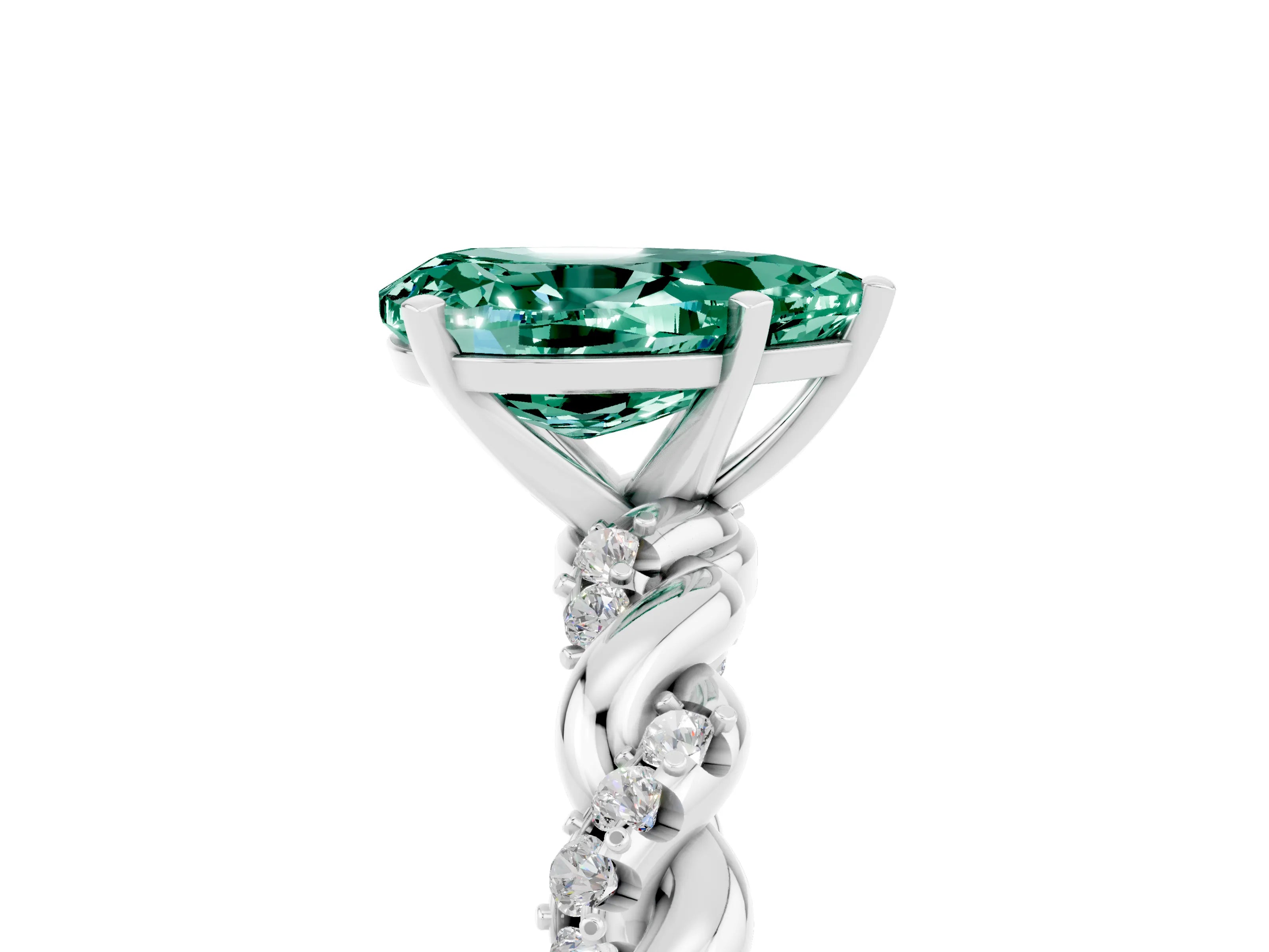 White gold Pear Cut Green Sapphire Solitaire Ring with Twisted Band and Pavé Accents_5
