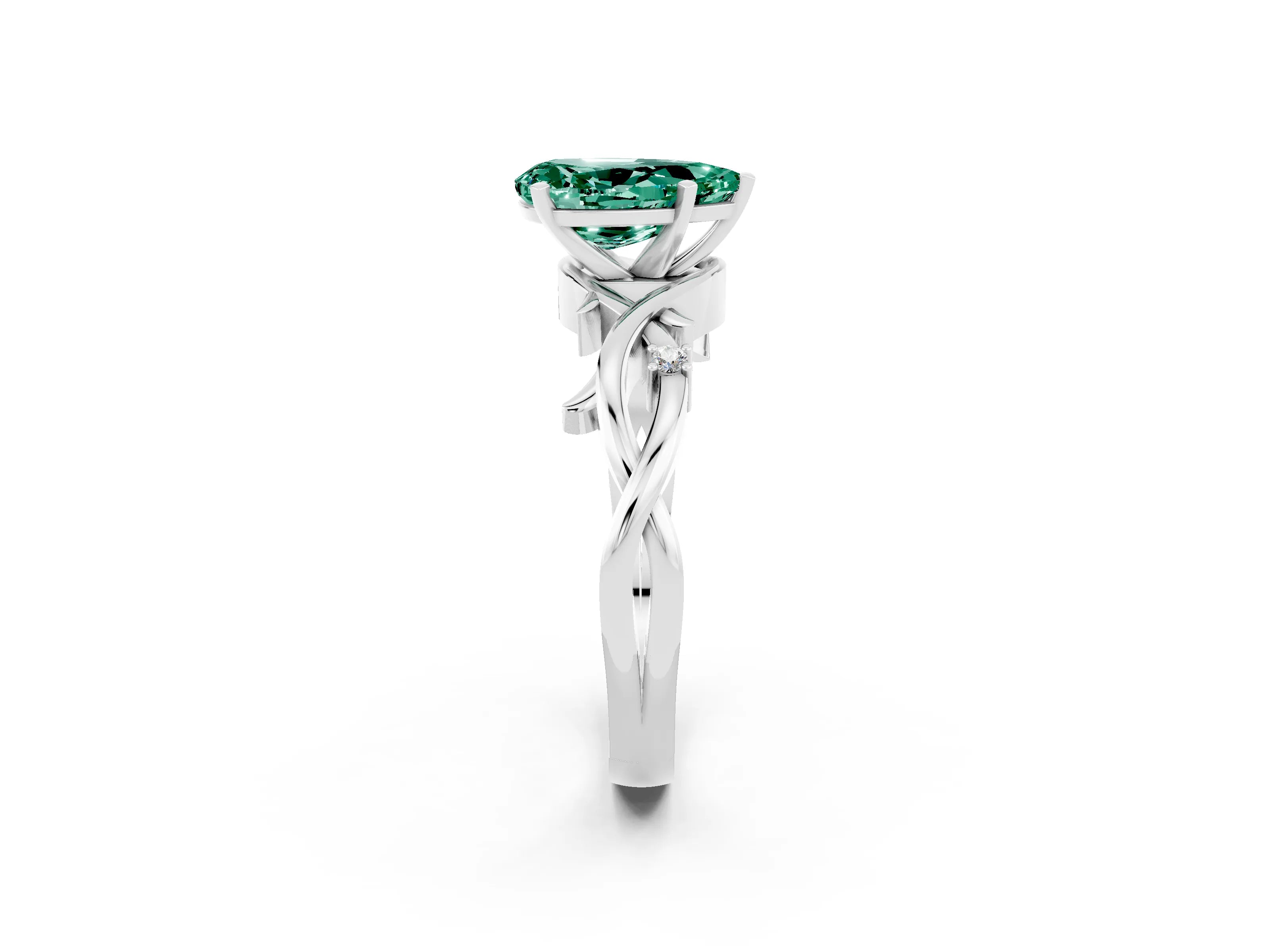 White gold Pear Cut Green Sapphire Solitaire Ring with Twisted Band and Prong Setting_14