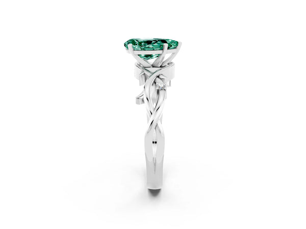 White gold Pear Cut Green Sapphire Solitaire Ring with Twisted Band and Prong Setting
