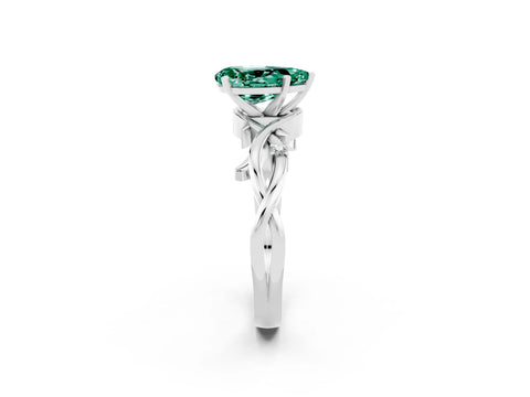 White gold Pear Cut Green Sapphire Solitaire Ring with Twisted Band and Prong Setting_14