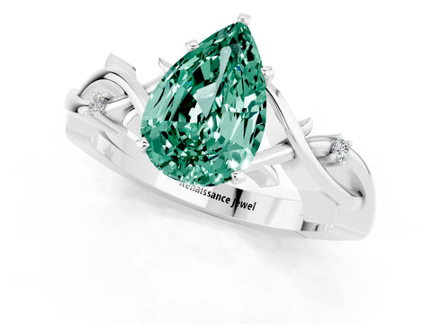White gold Pear Cut Green Sapphire Solitaire Ring with Twisted Band and Prong Setting_1