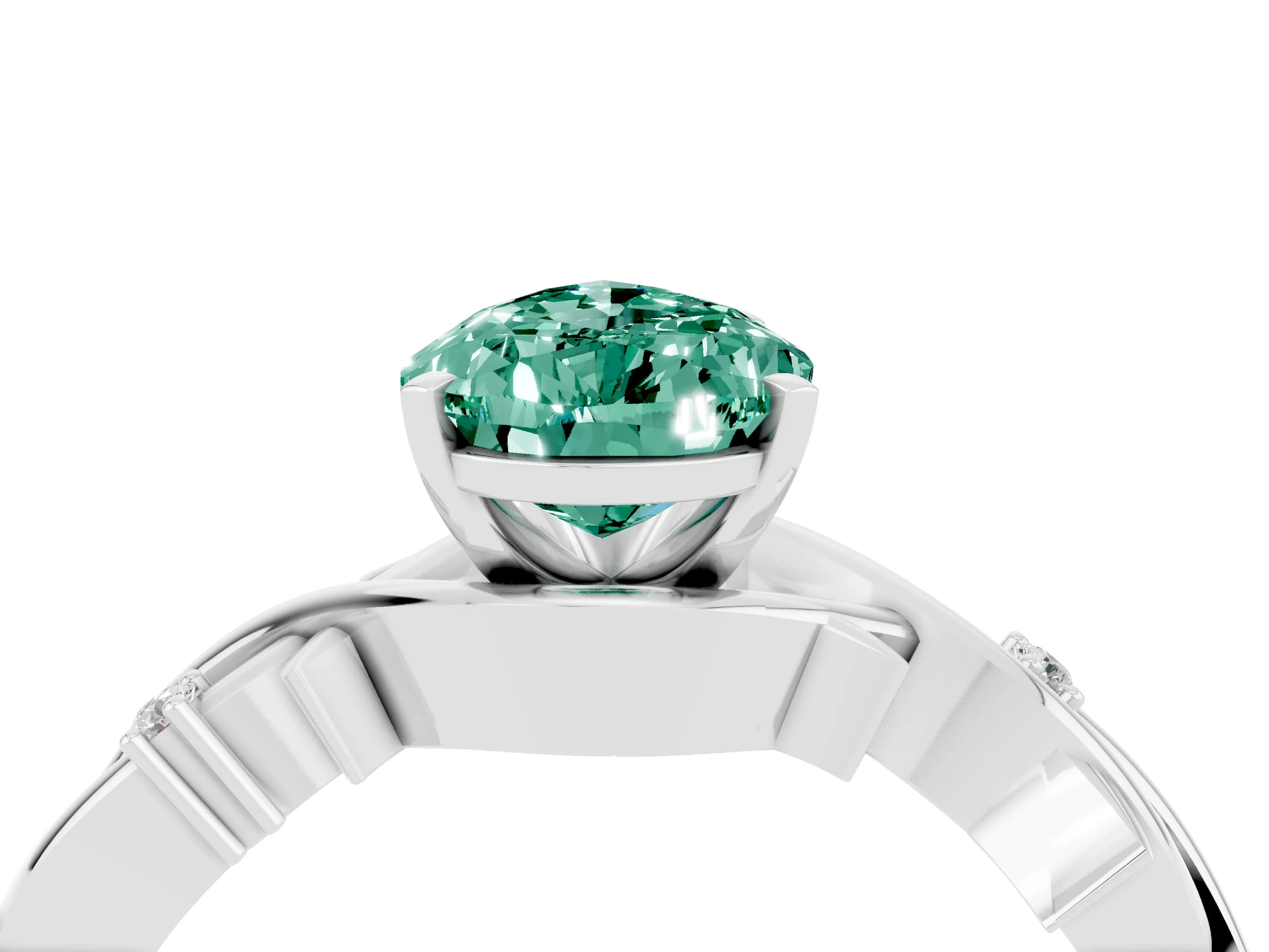 White gold Pear Cut Green Sapphire Solitaire Ring with Twisted Band and Prong Setting_4