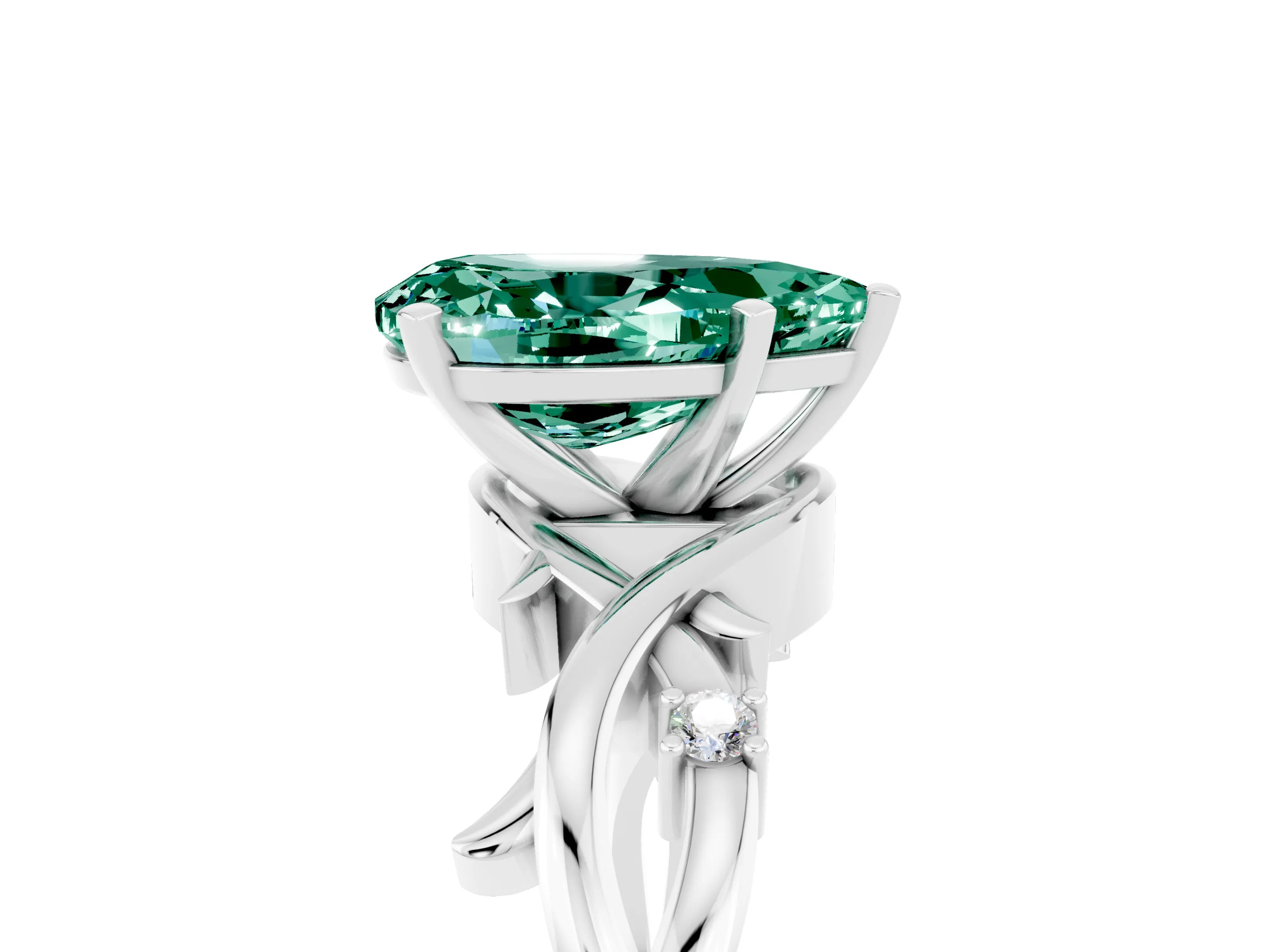 White gold Pear Cut Green Sapphire Solitaire Ring with Twisted Band and Prong Setting_5