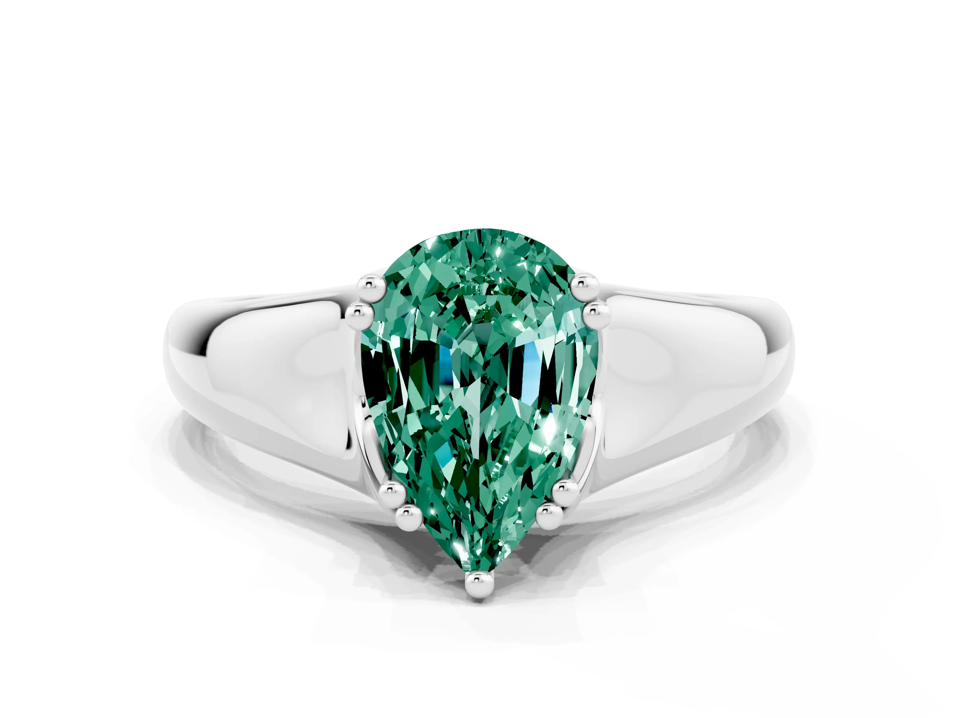 White gold Pear Cut Green Sapphire Solitaire Ring with Wide Band and Prong Setting