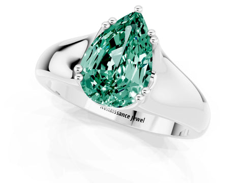 White gold Pear Cut Green Sapphire Solitaire Ring with Wide Band and Prong Setting_1