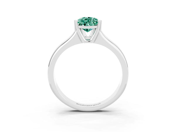 Silver Pear Cut Green Sapphire Solitaire Ring with Wide Band and Prong Setting