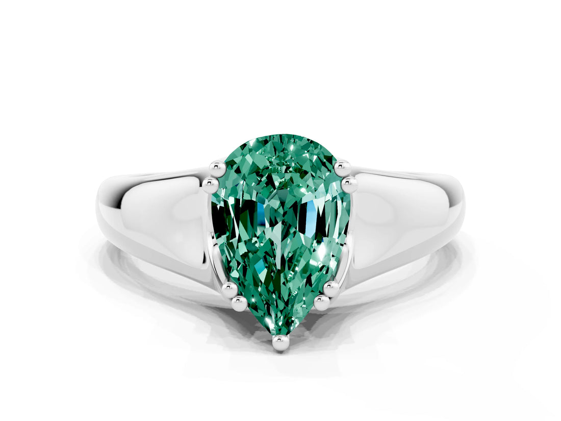 White gold Pear Cut Green Sapphire Solitaire Ring with Wide Band and Prong Setting