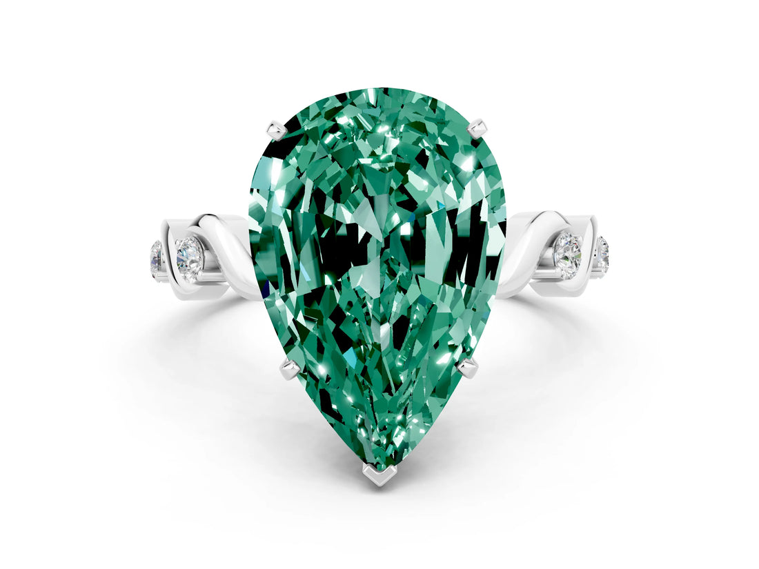 White gold Pear Cut Green Sapphire Solitaire Twisted Band with Round  Accents and Prong Setting_12