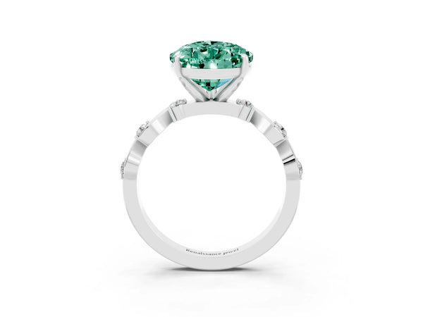 Platinum Pear Cut Green Sapphire Solitaire Twisted Band with Round  Accents and Prong Setting