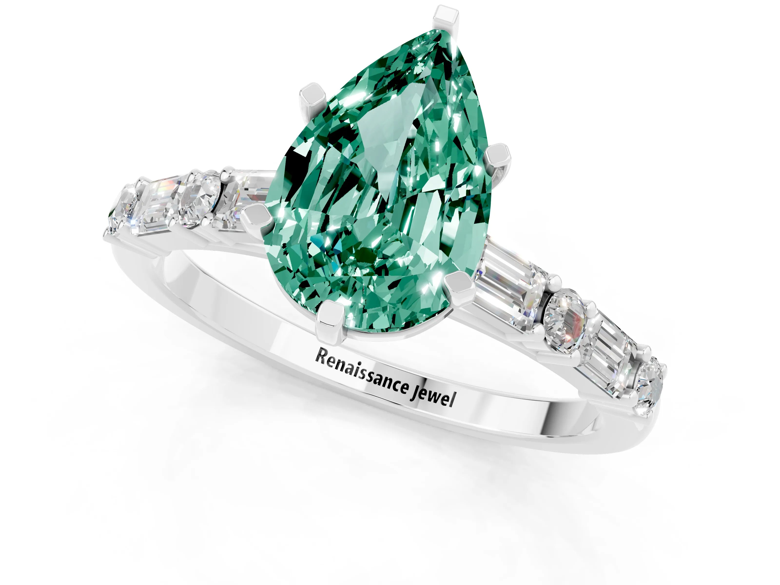 White gold Pear Cut Green Sapphire Solitaire with Side Baguettes and Channel Set Band_1