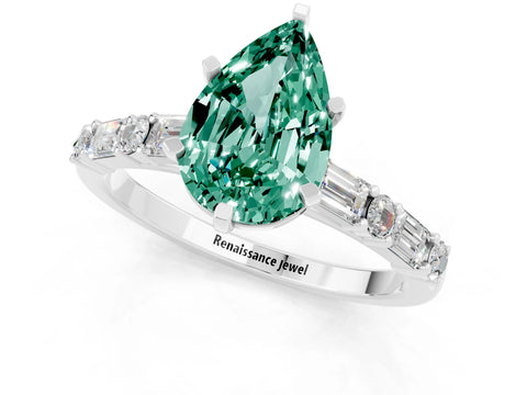 White gold Pear Cut Green Sapphire Solitaire with Side Baguettes and Channel Set Band_1