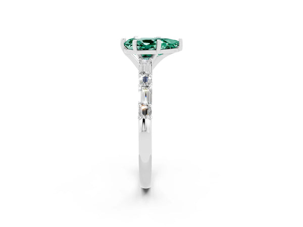Silver Pear Cut Green Sapphire Solitaire with Side Baguettes and Channel Set Band
