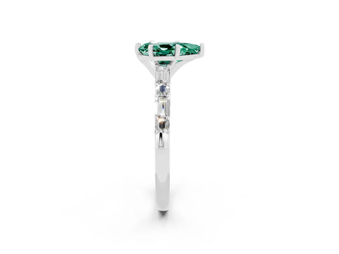 White gold Pear Cut Green Sapphire Solitaire with Side Baguettes and Channel Set Band_2