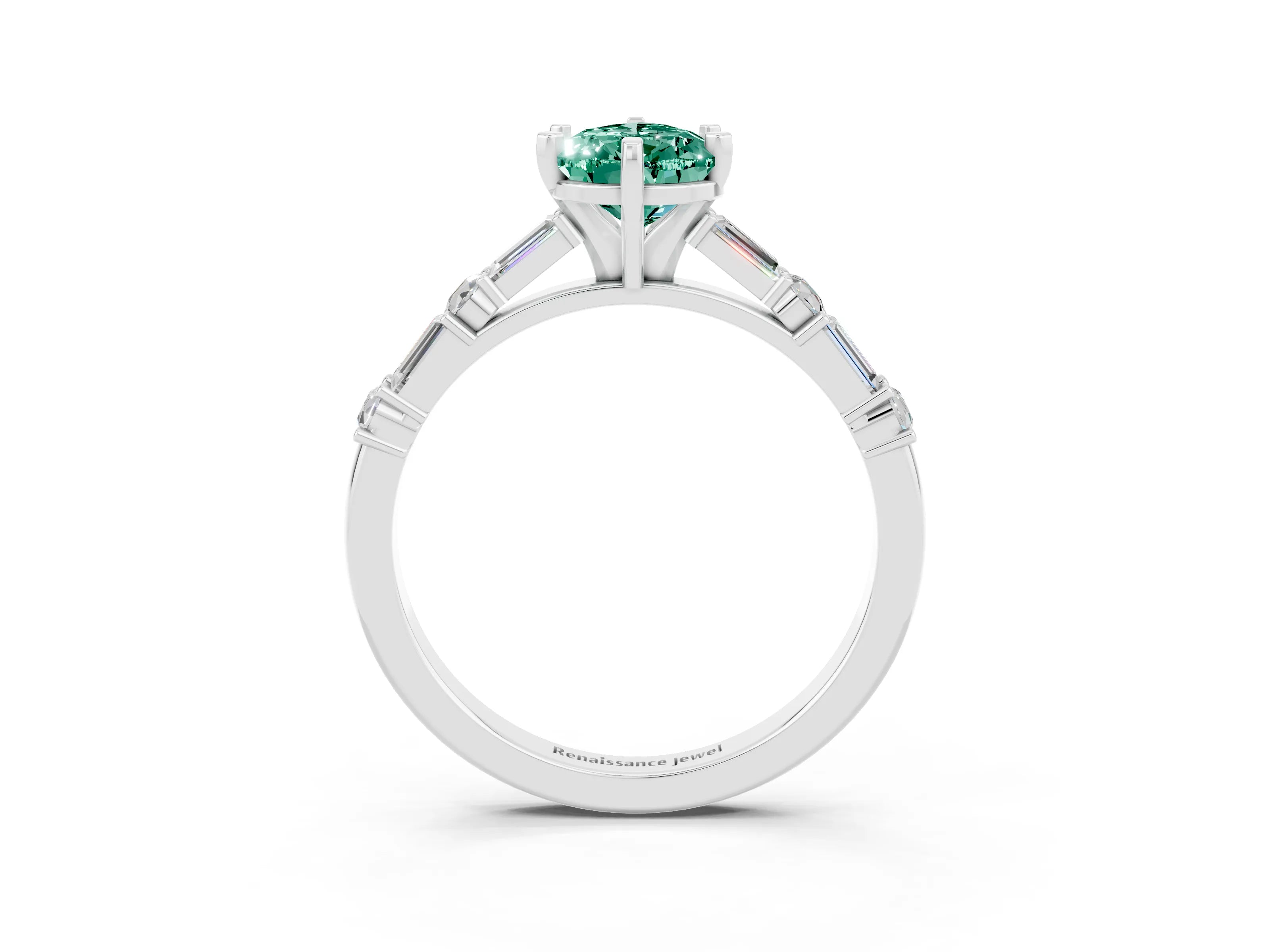 White gold Pear Cut Green Sapphire Solitaire with Side Baguettes and Channel Set Band_3