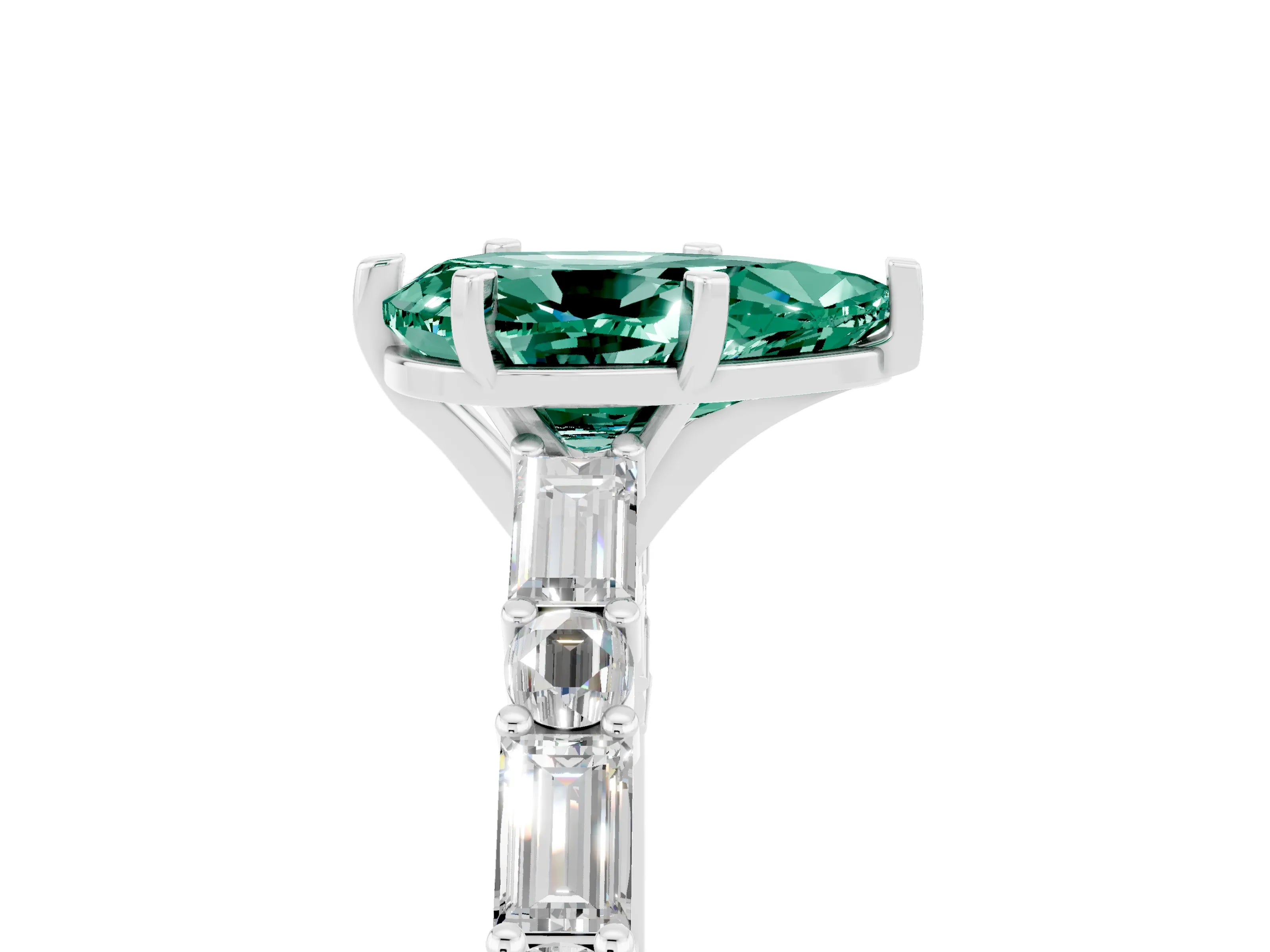 White gold Pear Cut Green Sapphire Solitaire with Side Baguettes and Channel Set Band_5