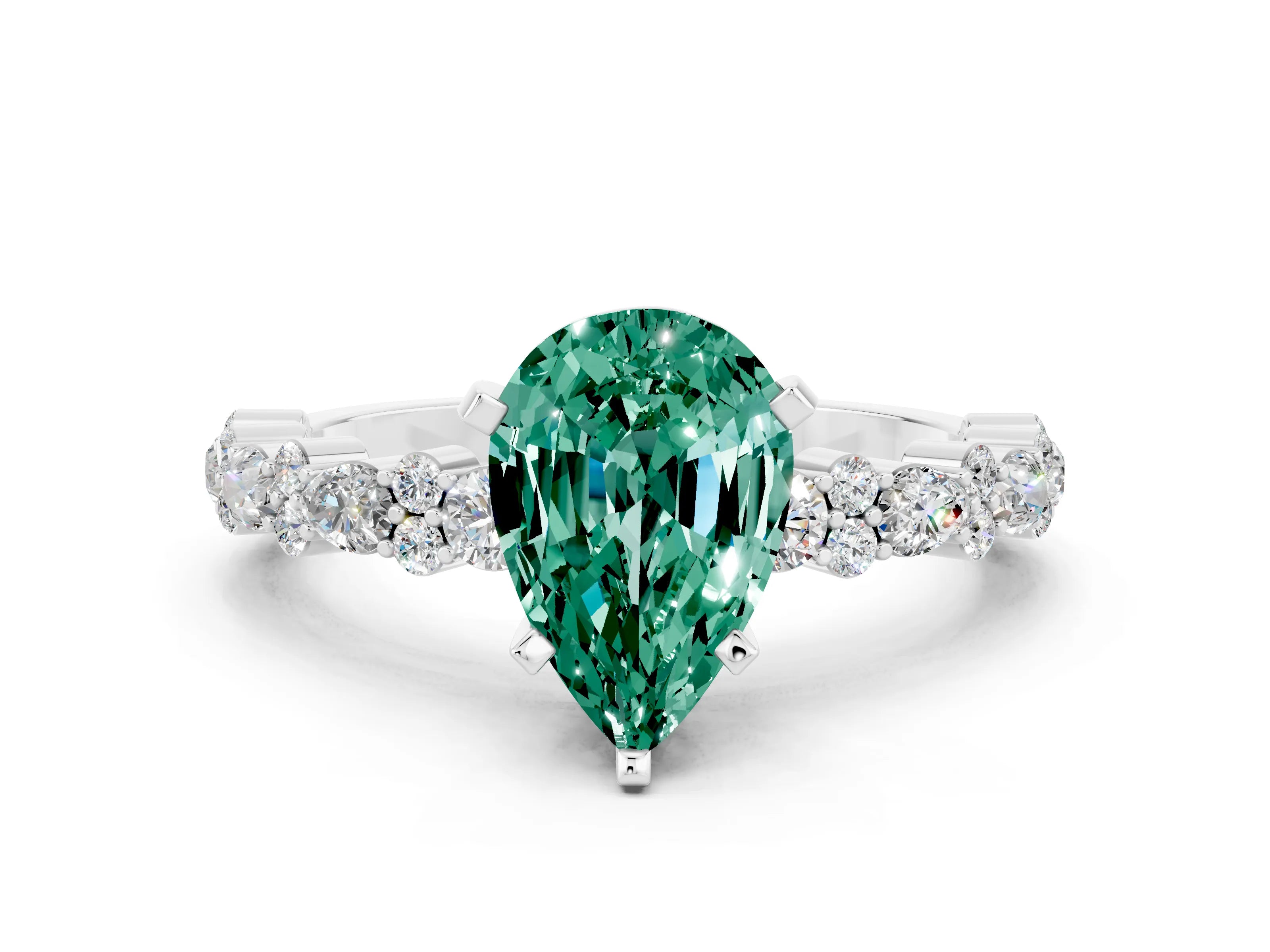 White gold Pear Cut Green Sapphire Solitaire with Side Stones, Pave Band, Four-Prong Setting_36