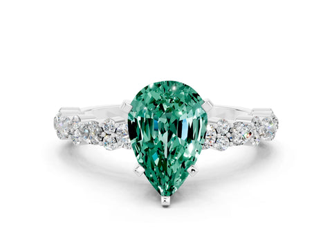 White gold Pear Cut Green Sapphire Solitaire with Side Stones, Pave Band, Four-Prong Setting_36