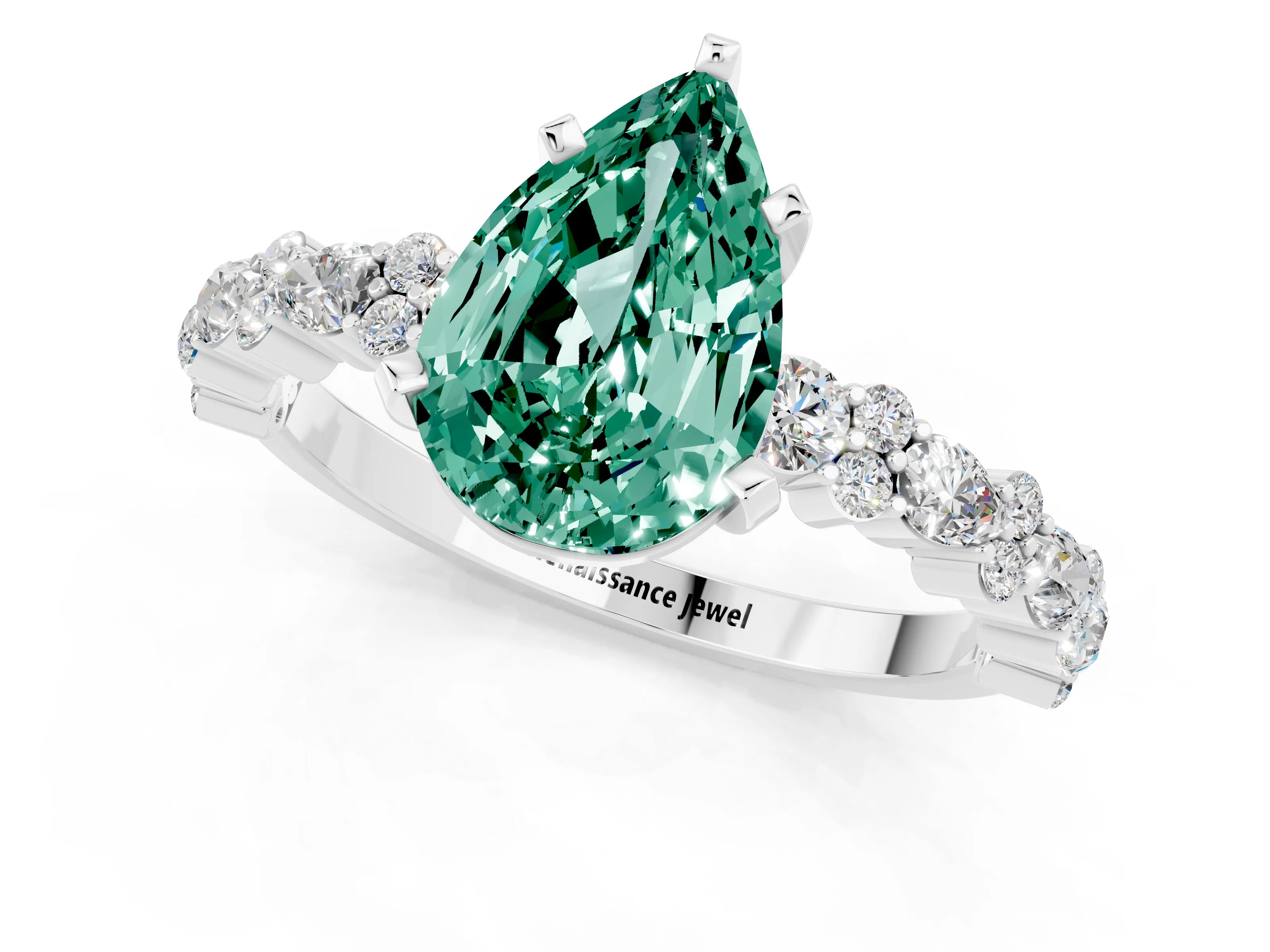 White gold Pear Cut Green Sapphire Solitaire with Side Stones, Pave Band, Four-Prong Setting_37