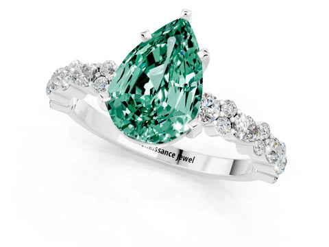 White gold Pear Cut Green Sapphire Solitaire with Side Stones, Pave Band, Four-Prong Setting_37
