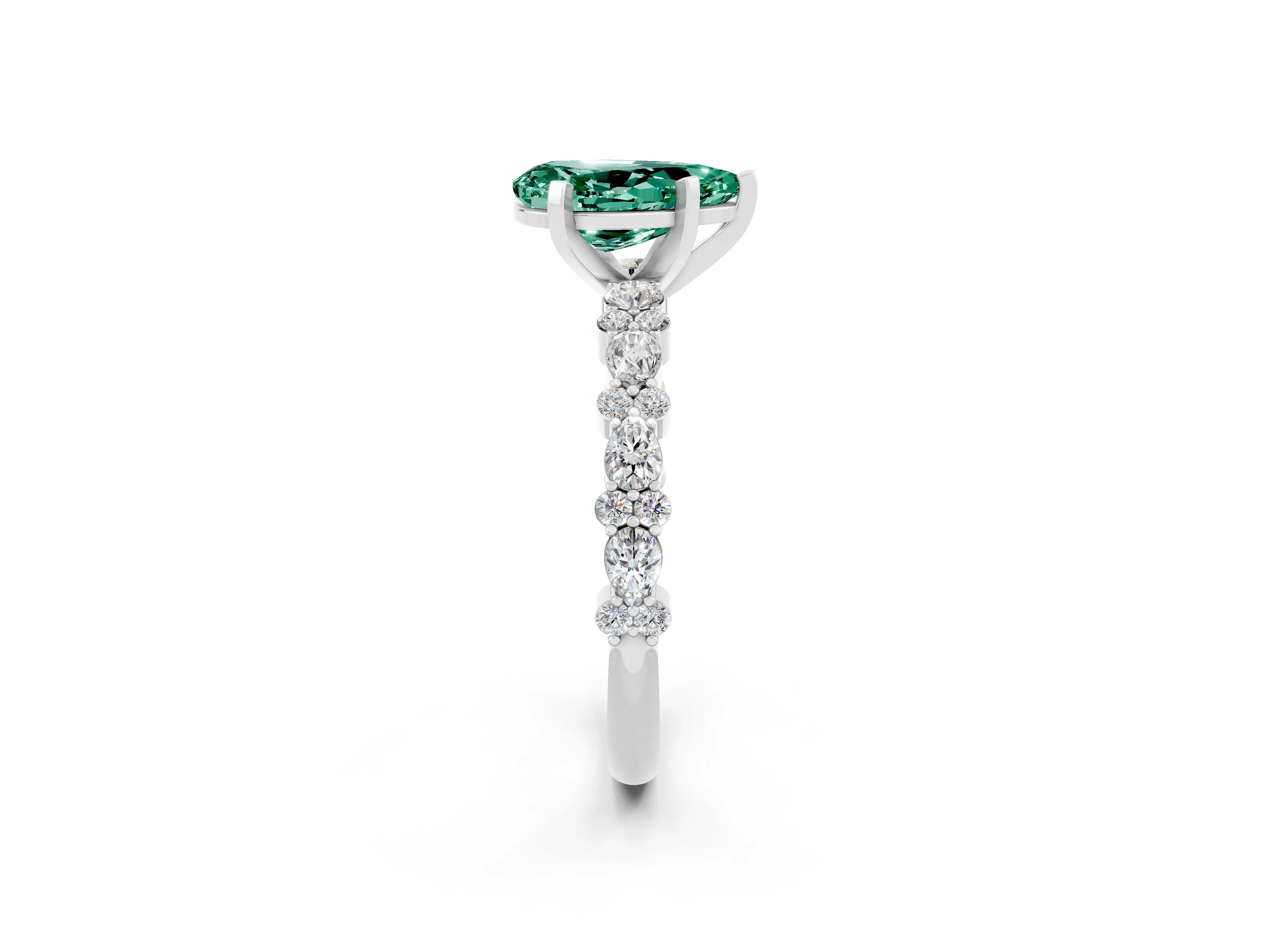 White gold Pear Cut Green Sapphire Solitaire with Side Stones, Pave Band, Four-Prong Setting_38