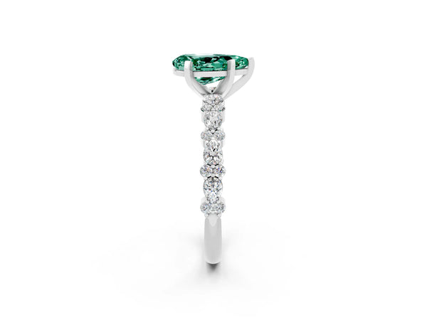 Silver Pear Cut Green Sapphire Side Stone Solitaire Ring with Round  and Four-Prong Setting