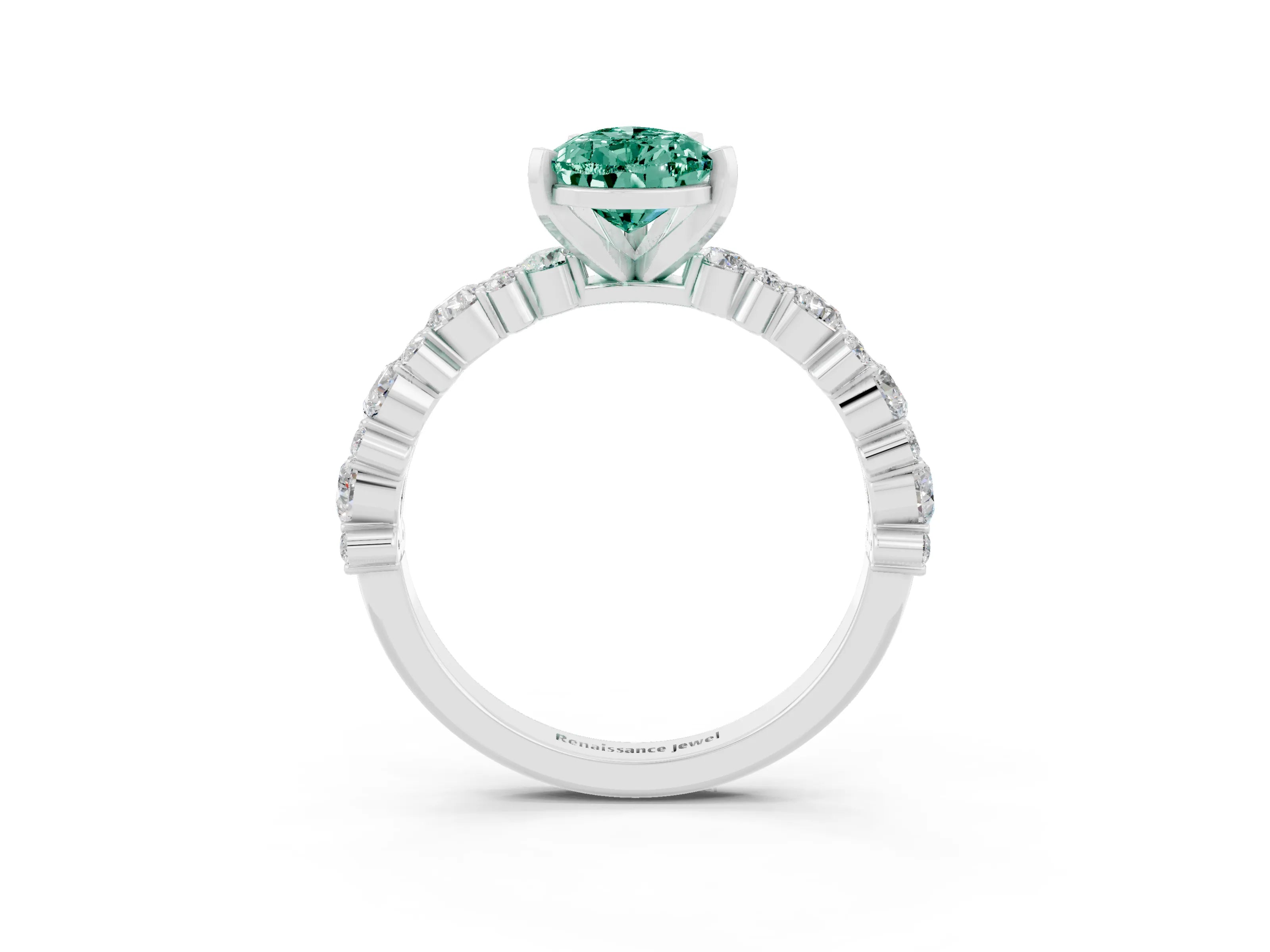 White gold Pear Cut Green Sapphire Solitaire with Side Stones, Pave Band, Four-Prong Setting_39