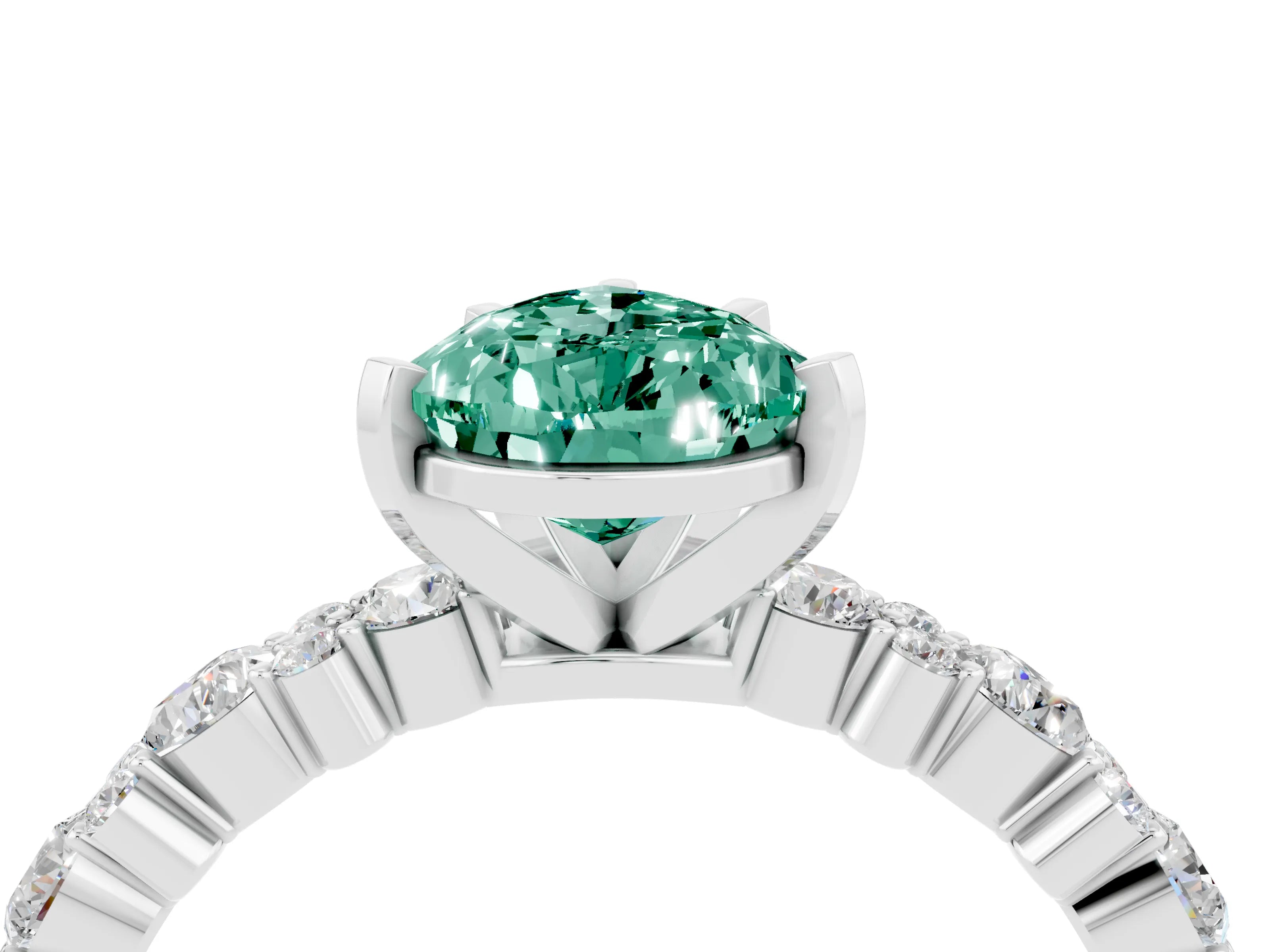 White gold Pear Cut Green Sapphire Solitaire with Side Stones, Pave Band, Four-Prong Setting_40