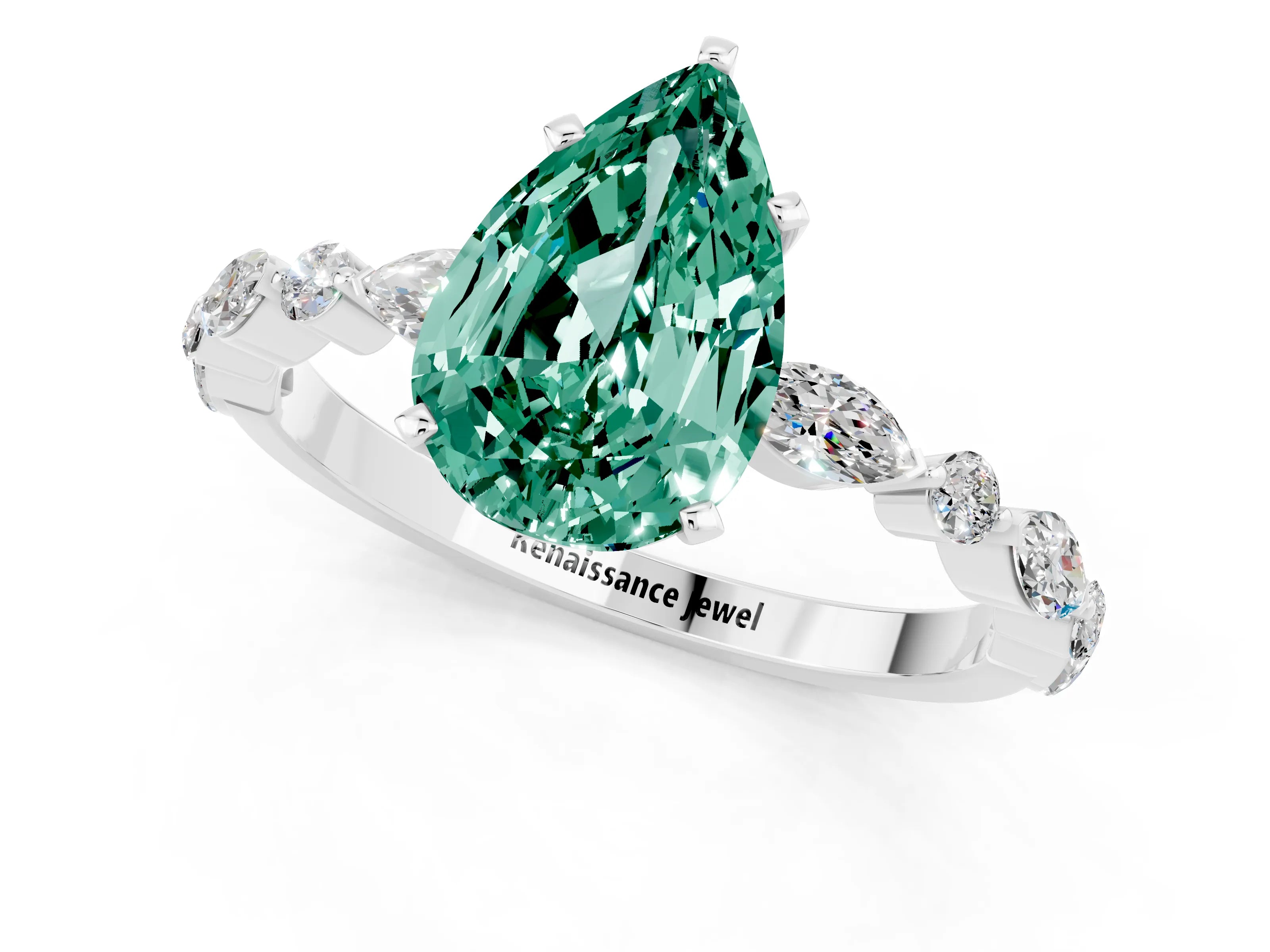 White gold Pear Cut Green Sapphire Solitaire with Side Stones on a Pavé Band and Four-Prong Setting_1