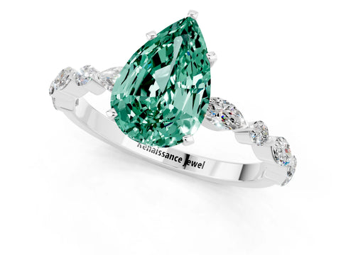 White gold Pear Cut Green Sapphire Solitaire with Side Stones on a Pavé Band and Four-Prong Setting_1