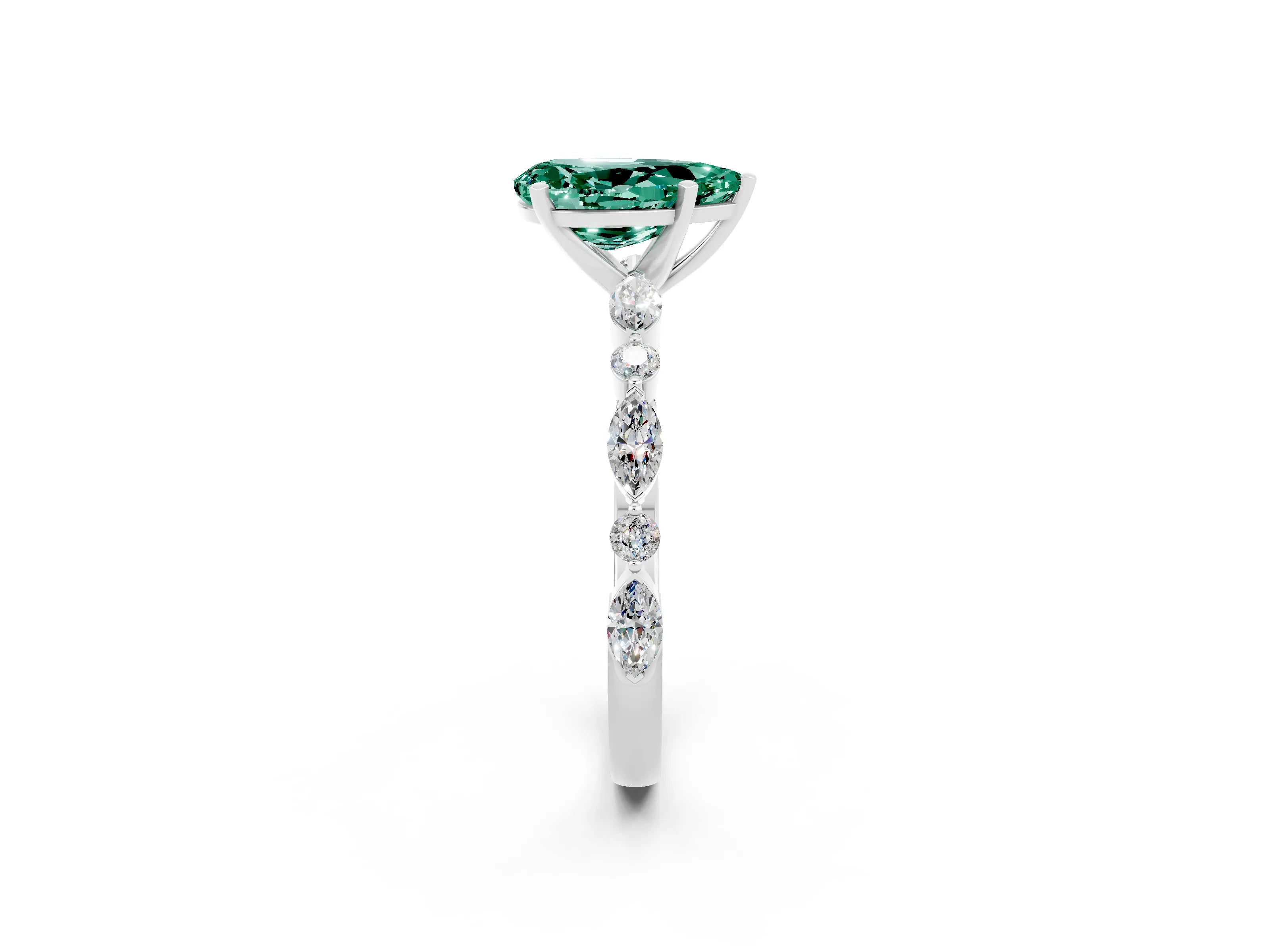 White gold Pear Cut Green Sapphire Solitaire with Side Stones on a Pavé Band and Four-Prong Setting_2