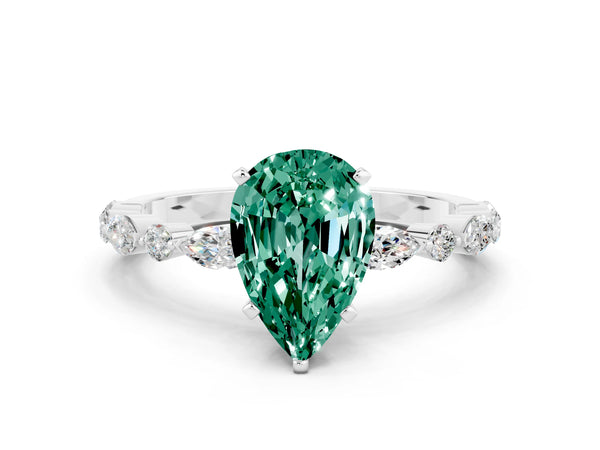 White gold Pear Cut Green Sapphire Ring with Marquise and Round  Side Stones and Four-Prong Setting