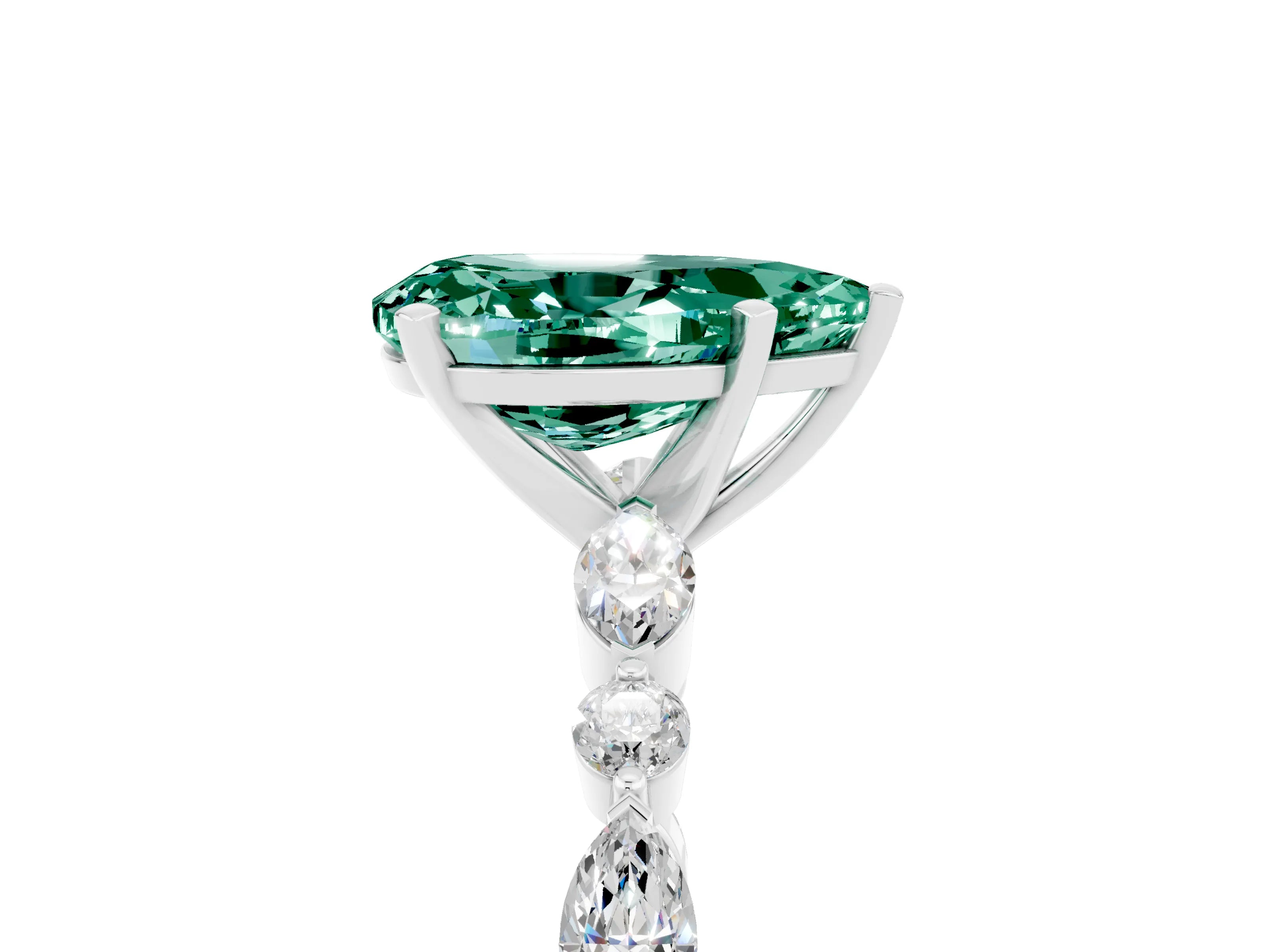 White gold Pear Cut Green Sapphire Solitaire with Side Stones on a Pavé Band and Four-Prong Setting_5