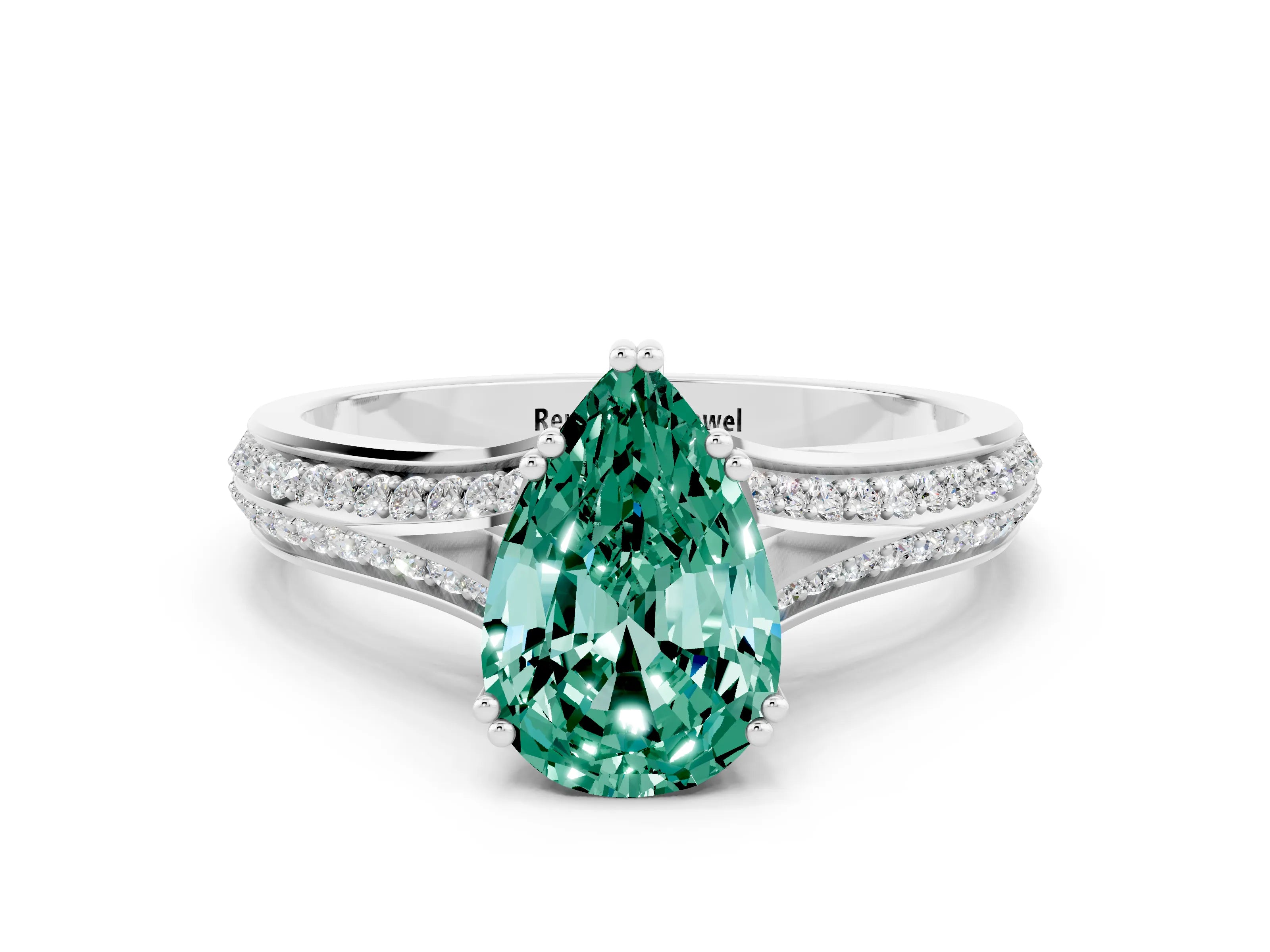 White gold Pear Cut Green Sapphire Split Shank Engagement Ring with Pavé Band