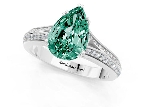 White gold Pear Cut Green Sapphire Split Shank Engagement Ring with Pavé Band_1