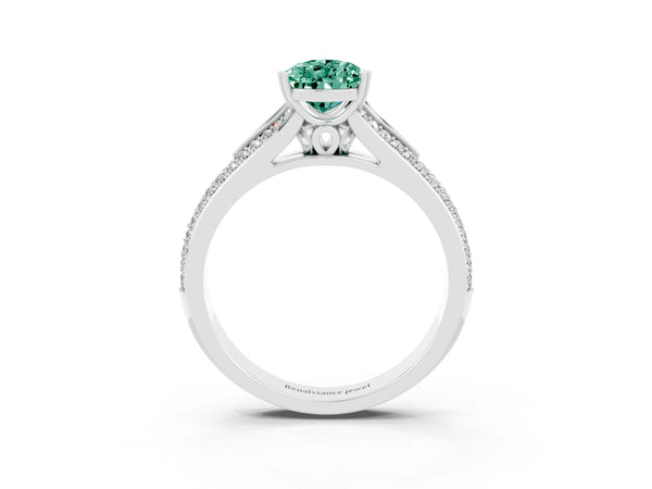 Silver Pear Cut Green Sapphire Split Shank Engagement Ring with Pavé Band