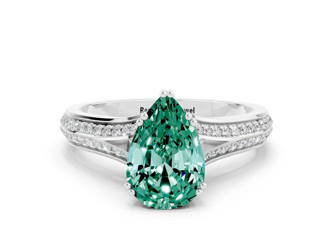 White gold Pear Cut Green Sapphire Split Shank Engagement Ring with Pavé Band
