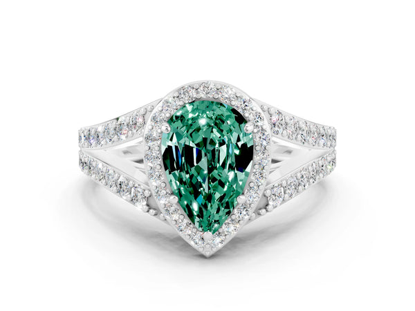 Platinum Pear Cut Green Sapphire Split Shank Halo Ring with Four-Prong Setting